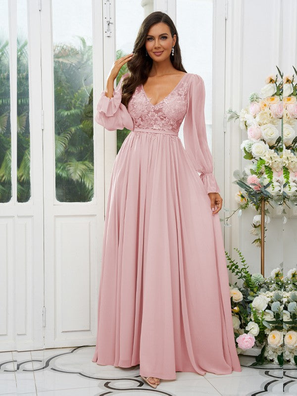 A-Line/Princess Chiffon Lace V-neck Long Sleeves Sweep/Brush Train Bridesmaid Dresses Evening Mother of the Bride Dress