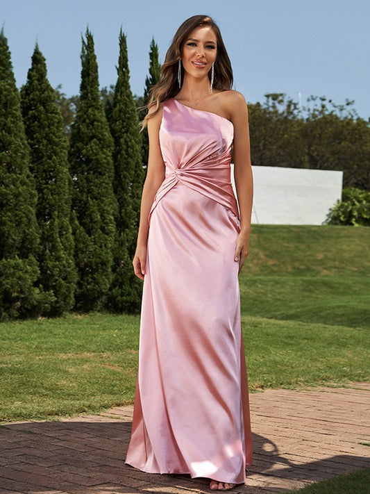Sheath/Column Silk like Satin Ruched One-Shoulder Sleeveless Floor-Length Bridesmaid Dresses Formal Evening Dress