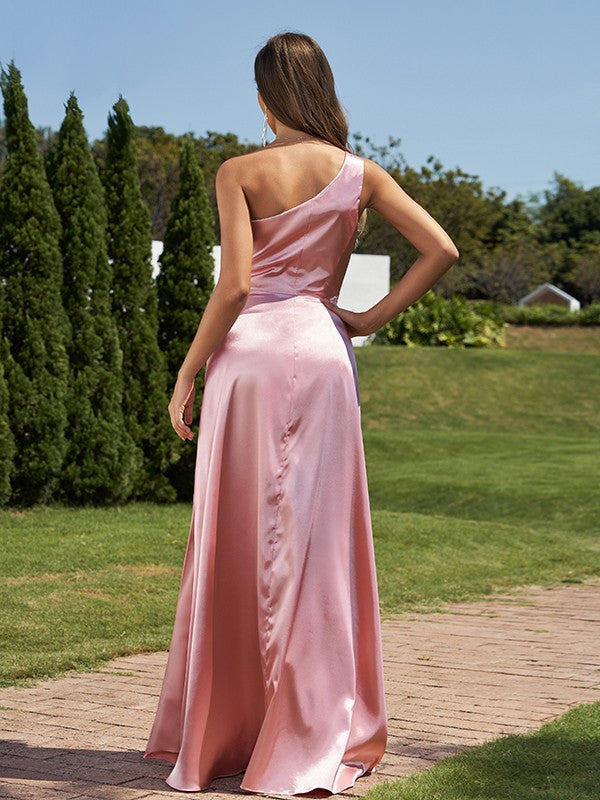 Sheath/Column Silk like Satin Ruched One-Shoulder Sleeveless Floor-Length Bridesmaid Dresses Formal Evening Dress