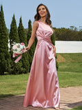 Sheath/Column Silk like Satin Ruched One-Shoulder Sleeveless Floor-Length Bridesmaid Dresses Formal Evening Dress