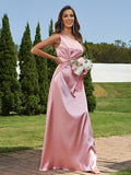 Sheath/Column Silk like Satin Ruched One-Shoulder Sleeveless Floor-Length Bridesmaid Dresses Formal Evening Dress