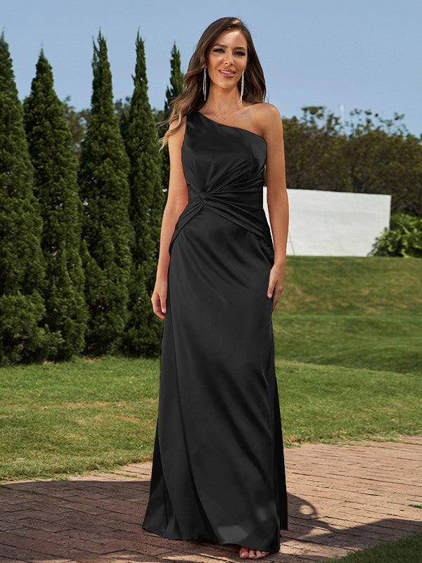Sheath/Column Silk like Satin Ruched One-Shoulder Sleeveless Floor-Length Bridesmaid Dresses Formal Evening Dress
