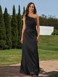 Sheath/Column Silk like Satin Ruched One-Shoulder Sleeveless Floor-Length Bridesmaid Dresses Formal Evening Dress