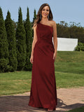 Sheath/Column Silk like Satin Ruched One-Shoulder Sleeveless Floor-Length Bridesmaid Dresses Formal Evening Dress