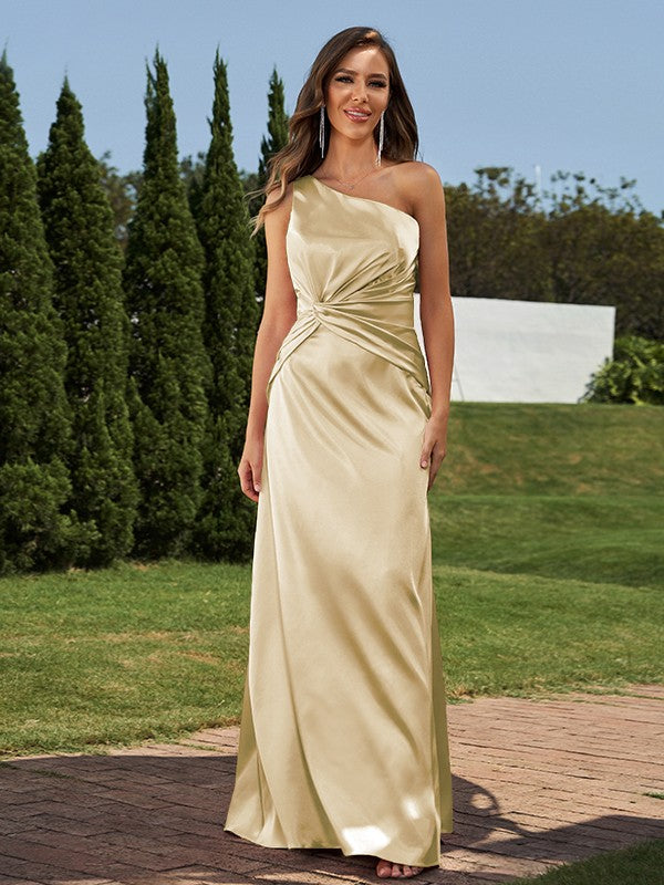 Sheath/Column Silk like Satin Ruched One-Shoulder Sleeveless Floor-Length Bridesmaid Dresses Formal Evening Dress