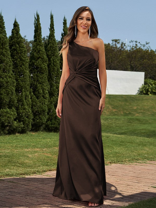 Sheath/Column Silk like Satin Ruched One-Shoulder Sleeveless Floor-Length Bridesmaid Dresses Formal Evening Dress
