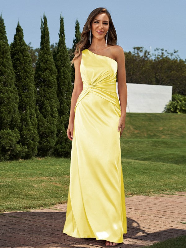 Sheath/Column Silk like Satin Ruched One-Shoulder Sleeveless Floor-Length Bridesmaid Dresses Formal Evening Dress