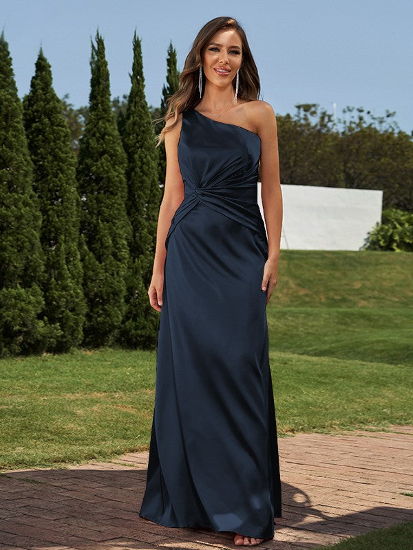 Sheath/Column Silk like Satin Ruched One-Shoulder Sleeveless Floor-Length Bridesmaid Dresses Formal Evening Dress