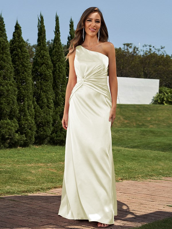Sheath/Column Silk like Satin Ruched One-Shoulder Sleeveless Floor-Length Bridesmaid Dresses Formal Evening Dress