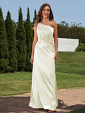 Sheath/Column Silk like Satin Ruched One-Shoulder Sleeveless Floor-Length Bridesmaid Dresses Formal Evening Dress