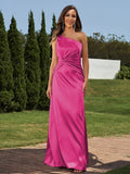 Sheath/Column Silk like Satin Ruched One-Shoulder Sleeveless Floor-Length Bridesmaid Dresses Formal Evening Dress
