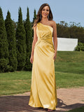 Sheath/Column Silk like Satin Ruched One-Shoulder Sleeveless Floor-Length Bridesmaid Dresses Formal Evening Dress