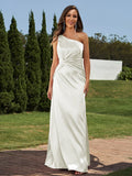 Sheath/Column Silk like Satin Ruched One-Shoulder Sleeveless Floor-Length Bridesmaid Dresses Formal Evening Dress