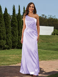 Sheath/Column Silk like Satin Ruched One-Shoulder Sleeveless Floor-Length Bridesmaid Dresses Formal Evening Dress