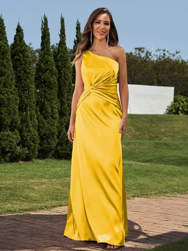 Sheath/Column Silk like Satin Ruched One-Shoulder Sleeveless Floor-Length Bridesmaid Dresses Formal Evening Dress