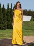 Sheath/Column Silk like Satin Ruched One-Shoulder Sleeveless Floor-Length Bridesmaid Dresses Formal Evening Dress