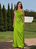 Sheath/Column Silk like Satin Ruched One-Shoulder Sleeveless Floor-Length Bridesmaid Dresses Formal Evening Dress