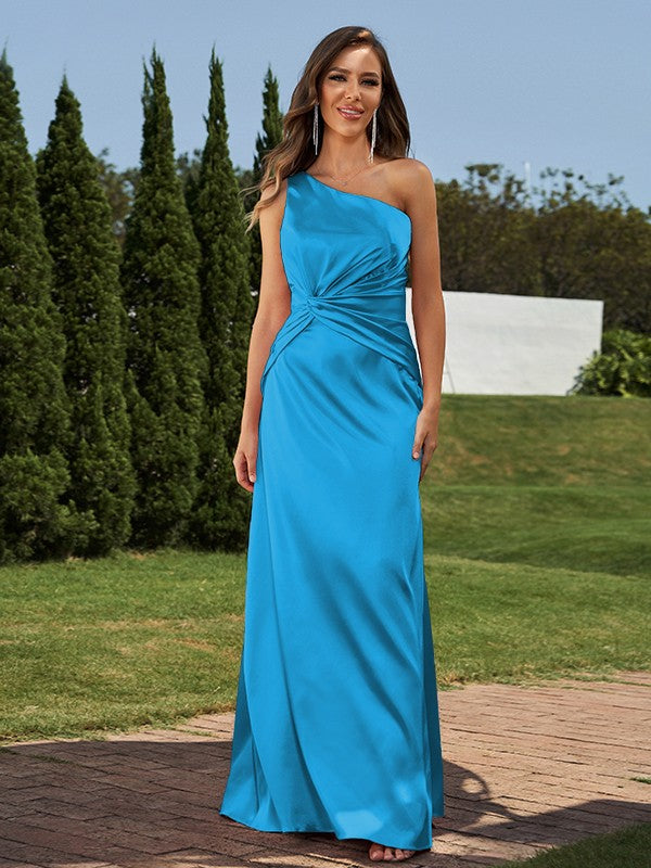 Sheath/Column Silk like Satin Ruched One-Shoulder Sleeveless Floor-Length Bridesmaid Dresses Formal Evening Dress