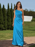 Sheath/Column Silk like Satin Ruched One-Shoulder Sleeveless Floor-Length Bridesmaid Dresses Formal Evening Dress