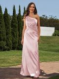 Sheath/Column Silk like Satin Ruched One-Shoulder Sleeveless Floor-Length Bridesmaid Dresses Formal Evening Dress