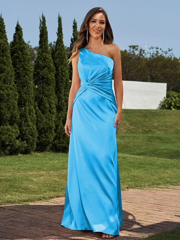 Sheath/Column Silk like Satin Ruched One-Shoulder Sleeveless Floor-Length Bridesmaid Dresses Formal Evening Dress