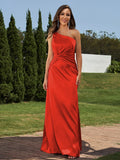Sheath/Column Silk like Satin Ruched One-Shoulder Sleeveless Floor-Length Bridesmaid Dresses Formal Evening Dress