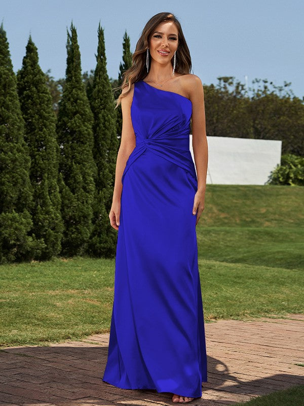 Sheath/Column Silk like Satin Ruched One-Shoulder Sleeveless Floor-Length Bridesmaid Dresses Formal Evening Dress