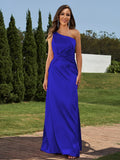 Sheath/Column Silk like Satin Ruched One-Shoulder Sleeveless Floor-Length Bridesmaid Dresses Formal Evening Dress