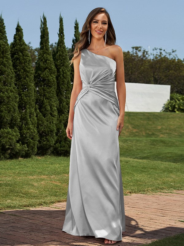 Sheath/Column Silk like Satin Ruched One-Shoulder Sleeveless Floor-Length Bridesmaid Dresses Formal Evening Dress