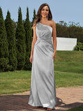 Sheath/Column Silk like Satin Ruched One-Shoulder Sleeveless Floor-Length Bridesmaid Dresses Formal Evening Dress
