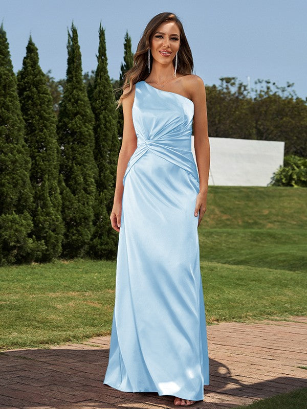 Sheath/Column Silk like Satin Ruched One-Shoulder Sleeveless Floor-Length Bridesmaid Dresses Formal Evening Dress