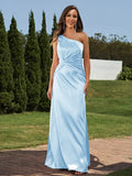 Sheath/Column Silk like Satin Ruched One-Shoulder Sleeveless Floor-Length Bridesmaid Dresses Formal Evening Dress