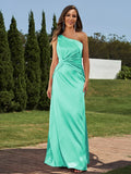 Sheath/Column Silk like Satin Ruched One-Shoulder Sleeveless Floor-Length Bridesmaid Dresses Formal Evening Dress