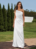 Sheath/Column Silk like Satin Ruched One-Shoulder Sleeveless Floor-Length Bridesmaid Dresses Formal Evening Dress