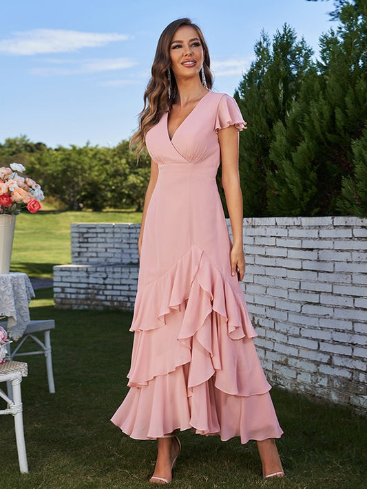 A-Line/Princess Chiffon Ruched V-Neck Short Sleeves Ankle-Length Bridesmaid Dresses Prom Dress