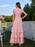 A-Line/Princess Chiffon Ruched V-Neck Short Sleeves Ankle-Length Bridesmaid Dresses Prom Dress