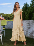 A-Line/Princess Chiffon Ruched V-Neck Short Sleeves Ankle-Length Bridesmaid Dresses Prom Dress