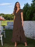 A-Line/Princess Chiffon Ruched V-Neck Short Sleeves Ankle-Length Bridesmaid Dresses Prom Dress