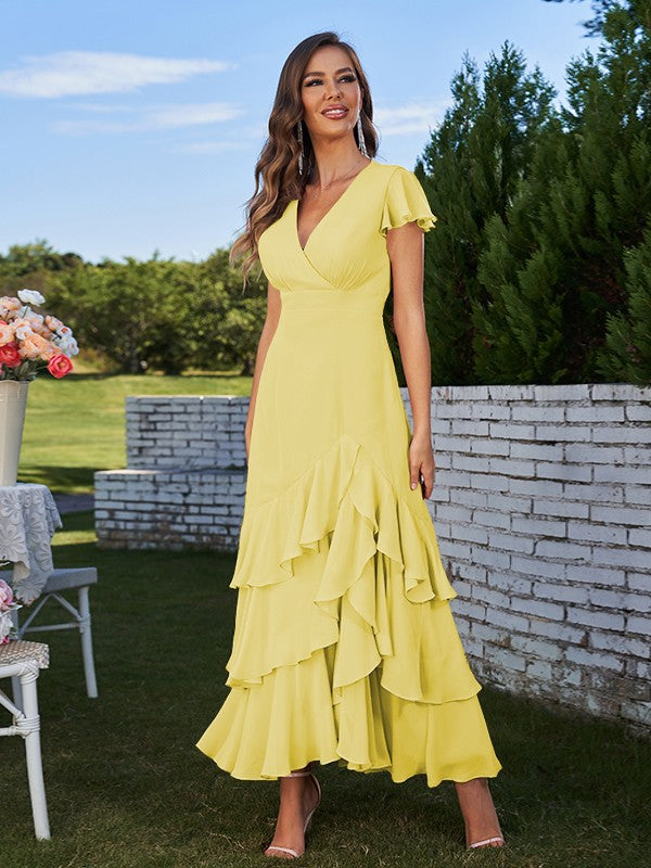 A-Line/Princess Chiffon Ruched V-Neck Short Sleeves Ankle-Length Bridesmaid Dresses Prom Dress