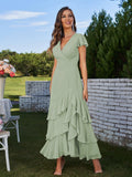 A-Line/Princess Chiffon Ruched V-Neck Short Sleeves Ankle-Length Bridesmaid Dresses Prom Dress