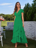 A-Line/Princess Chiffon Ruched V-Neck Short Sleeves Ankle-Length Bridesmaid Dresses Prom Dress