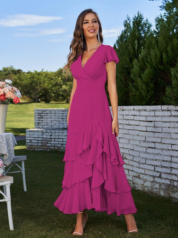 A-Line/Princess Chiffon Ruched V-Neck Short Sleeves Ankle-Length Bridesmaid Dresses Prom Dress