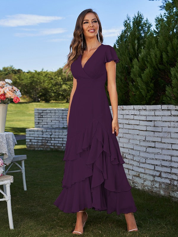 A-Line/Princess Chiffon Ruched V-Neck Short Sleeves Ankle-Length Bridesmaid Dresses Prom Dress
