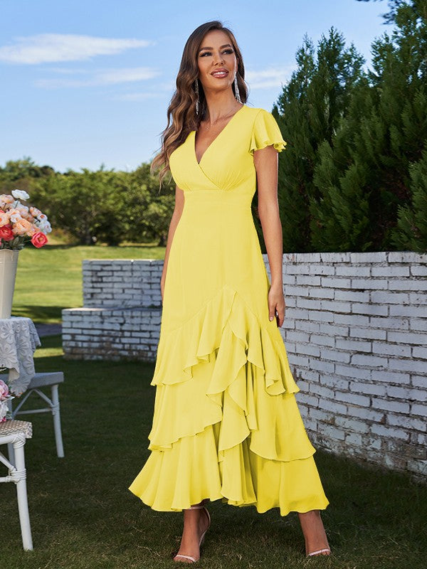 A-Line/Princess Chiffon Ruched V-Neck Short Sleeves Ankle-Length Bridesmaid Dresses Prom Dress