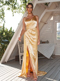 Sheath/Column Silk like Satin Ruched One-Shoulder Sleeveless Sweep/Brush Train Bridesmaid Dresses	Evening Dress