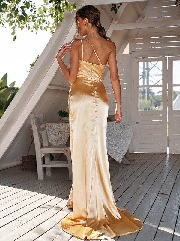 Sheath/Column Silk like Satin Ruched One-Shoulder Sleeveless Sweep/Brush Train Bridesmaid Dresses	Evening Dress
