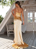 Sheath/Column Silk like Satin Ruched One-Shoulder Sleeveless Sweep/Brush Train Bridesmaid Dresses	Evening Dress