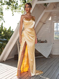 Sheath/Column Silk like Satin Ruched One-Shoulder Sleeveless Sweep/Brush Train Bridesmaid Dresses	Evening Dress