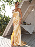Sheath/Column Silk like Satin Ruched One-Shoulder Sleeveless Sweep/Brush Train Bridesmaid Dresses	Evening Dress