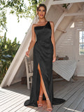 Sheath/Column Silk like Satin Ruched One-Shoulder Sleeveless Sweep/Brush Train Bridesmaid Dresses	Evening Dress